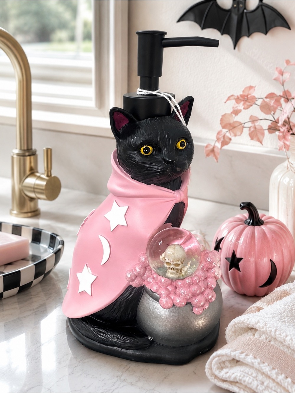 Pink & Black Cat Halloween Soap Dispenser with Skull Crystal Ball Cauldron